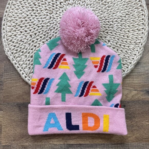 Aldi Gear Pink Holiday Logo Beanie Pom Knit Hat Adult One Size - Picture 1 of 5